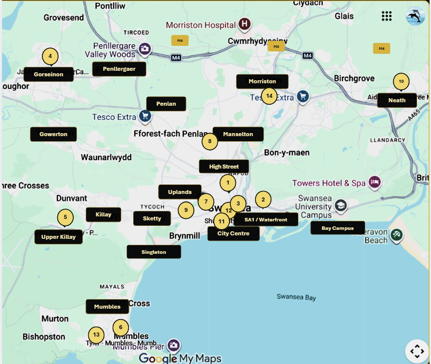 Map showing young-adult church communities across Swansea, Neath and nearby areas